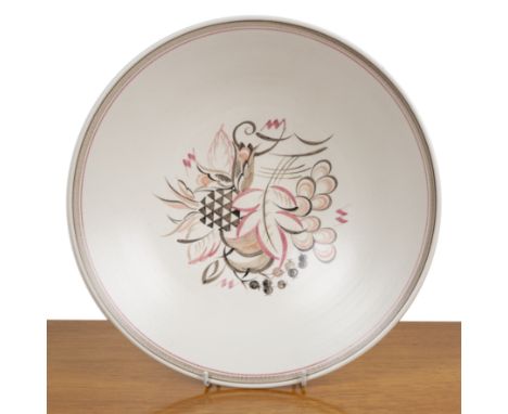 Truda Carter for Poole Pottery ceramic dish, decorated in pink, brown and black, abstract floral motifs, impressed '920' with