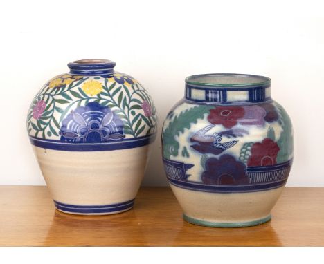 Truda Adams for Poole Pottery two large vases, the first decorated with a stylised bird and flowers, with 'NT' painted to the