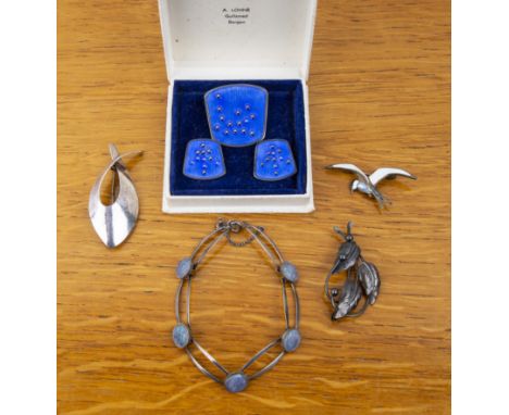 Group of jewellery comprising: a white metal and faux opal panel bracelet, stamped 835, a David Andersen of Norway enamel bro