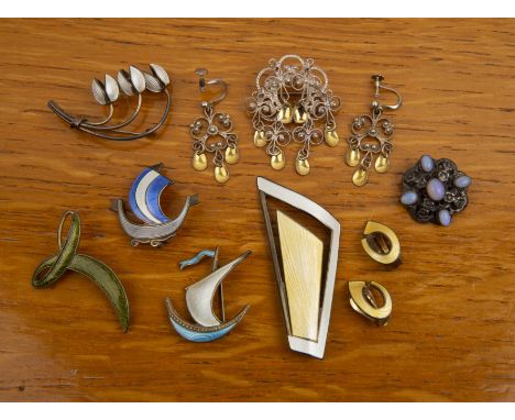 Collection of Danish jewellery comprising five silver and enamel brooches, marked 'Norway 925' to the reverse, a pair of gilt