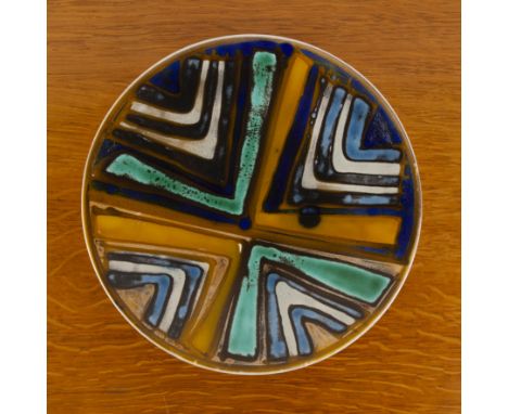 Poole Pottery 'Delphis' range dish, decorated with abstract design, mark number 47, 26.5cm wide overall  Overall signs of age
