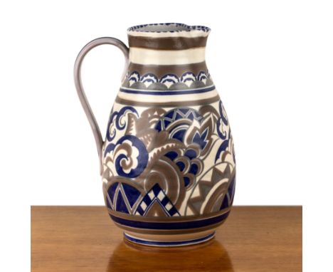 Designed by Truda Carter (1890-1958) for Poole Pottery large pottery jug, decorated with grey, brown and blue patterns, impre