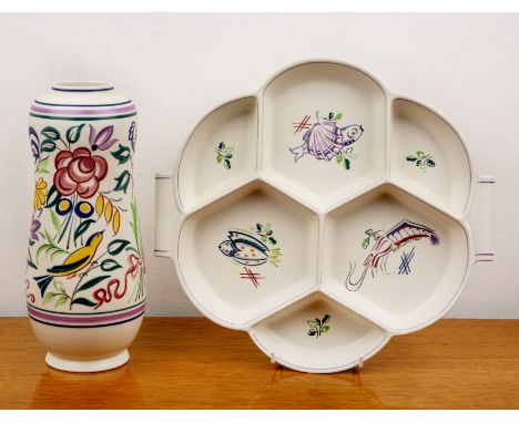 Poole Pottery Albarello vase, decorated with birds and flowers, 28cm high and a Poole Pottery serving dish decorated with fis