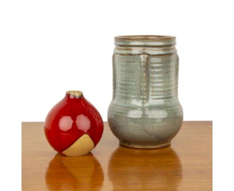 Guy Sydenham (1916-2005) for Poole Pottery small bud vase with bright red glaze, impressed marks to the base, 9cm high and a 