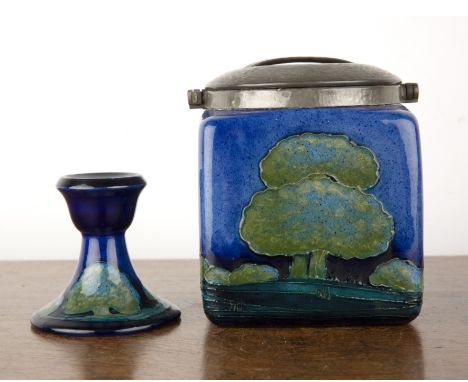 William Moorcroft (1872-1945) for Moorcroft Pottery 'Moonlit blue' biscuit barrel or jar with beaten effect pewter cover, the