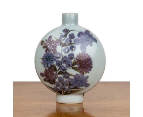 David Eeles (1933-2015)studio ceramic moonflask, porcelain, with celadon glaze and painted with flowers, original paper label
