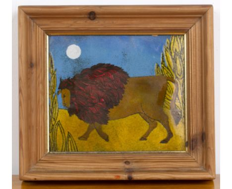 Beryl Turpin (1926-2016)'Bison', enamel on copper, unsigned, in pine frame, panel itself measures 17cm approx x 14.5cm  Overa