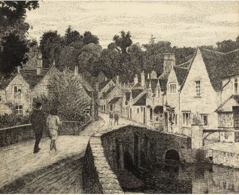 R Clover (20th Century School) 'Castle Combe, Cotswolds', pen sketch, signed lower centre, 19cm x 23cm  The frame with some l