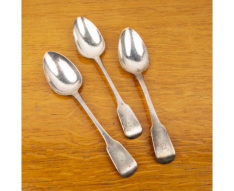 Three George IV Irish silver spoons each with engraved 'B' to the finial, bearing marks for James Brady, Dublin, 1826, 22cm o