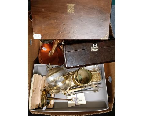 A novelty wall hanging barometer, a mahogany writing box, a bakelite hairdryer, cased, assorted metalwares and other items (b