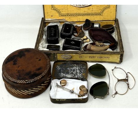Five unusual miniature models of cigars, in a carved Victorian box, dated 1887, a meerschaum pipe, four snuff boxes, and asso