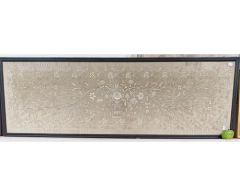 A large silk embroidered panel, decorated flowers, 160 x 49 cm 