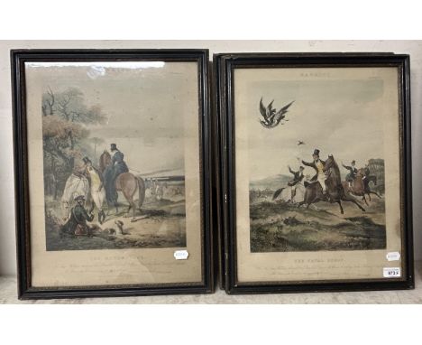 A set of four hunting prints, 50 x 36 cm, and a 20th century landscape, oil on canvas, unframed, 100 x 100 cm (5)Foxed and st