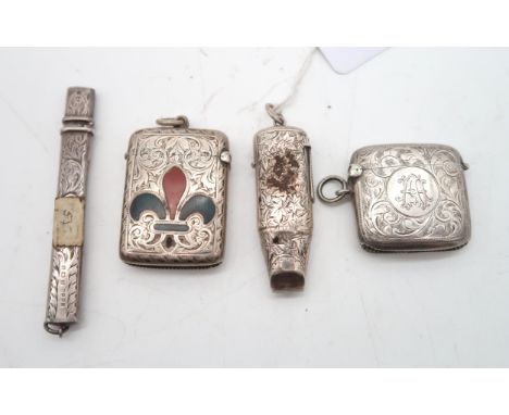 A collection of silver including a silver vesta, by John Grinsell &amp; Sons, Birmingham, inlaid with a hardstone in the form