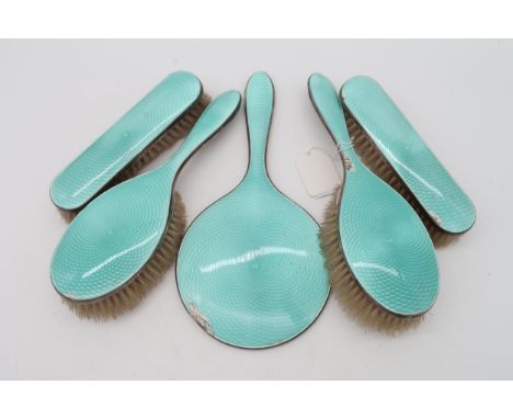 A five piece silver guilloche enamel dressing set, by Walker &amp; Hall, Birmingham (5) Condition Report:Available upon reque