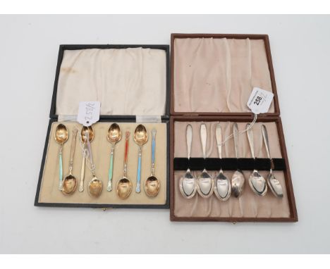 A collection of silver including a cased set of silver gilt harlequin guilloche enamel spoons, by Henry Clifford Davis, Birmi