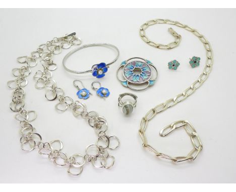 An early Ola Gorie banded agate ring, a pair of silver, enamel and pearl pansy earrings and matching (af) bangle, a large Ort