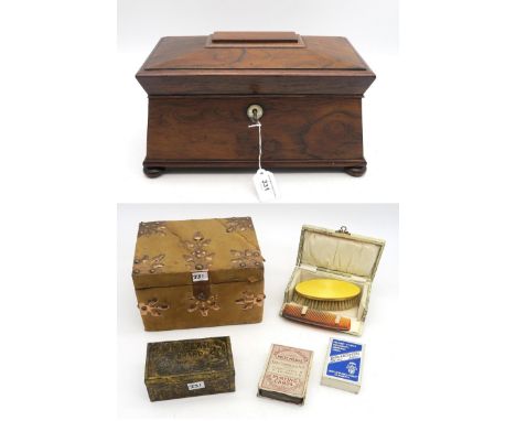 A rosewood tea caddy of sarcophagus form, measuring approx. 34cm wide x 19cm deep x 20cm high, chamois-covered box with coppe
