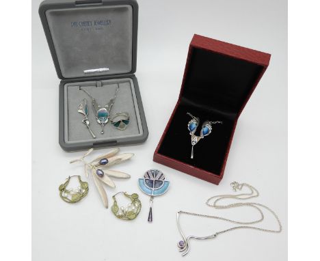 Two silver and enamel Pat Cheney pendants, a ring and a single earring, a further silver and enamel Ortak brooch , a silver o