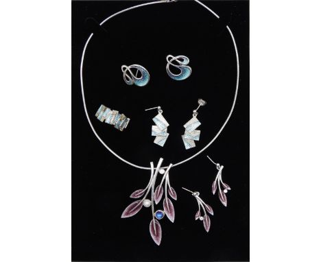 A large Sheila fleet 'Rowan' pendant necklace, with purple enamel and moonstones with matching earrings. Silver 'Storm' earri