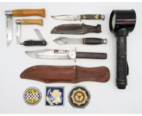 An Original Bowie Knife, the blade stamped "Sussex Armoury, Foreign", a throwing knife stamped "Whitby, Solingen, Germany", a