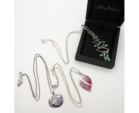 A silver Sheila Fleet 'Seasons' pendant and chain in the spring colourway, together with a pink enamel Ortak pendant and&nbsp