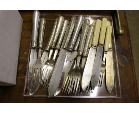 A tray of bone and silver plated handled fish knives and forks 
