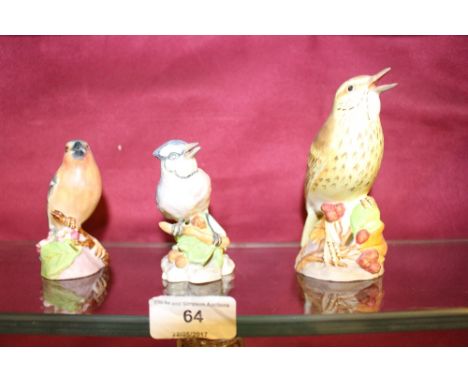 Three Royal Worcester bird ornaments, thrush, chaffinch, and blue jay