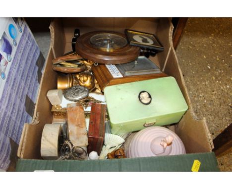 A box containing barometers; a silhouette; a marble mantel clock etc.