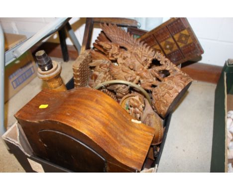 A box of various wooden ware to include a mantel clock