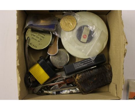 A box containing Chad Valley coloured slides depicting Pinocchio; Tom and Jerry etc. together with penknives; tape measures e