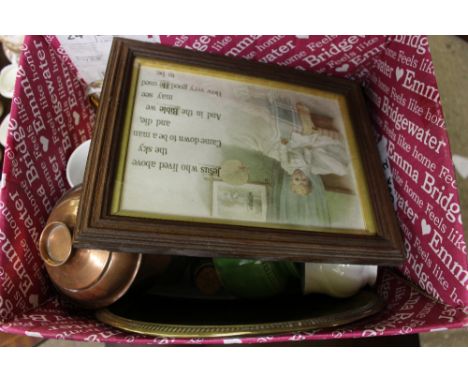 A box of various sundry glass and china; a small brass tray; two prints etc.