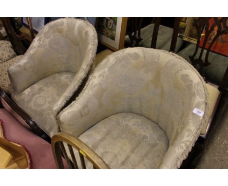 A pair of upholstered tub chairs; together with a stick back kitchen chair; and kidney shaped dressing stool 