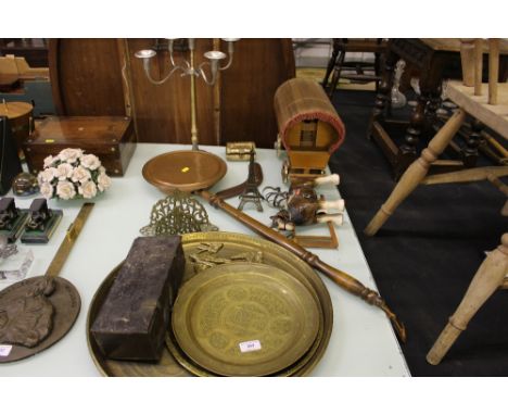 A quantity of various brass and other metaware to include a large Eastern tray; candelabra; warming pan etc.