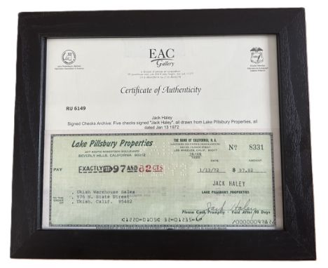 Jack Haley 11x9 inch framed and mounted signed Bank of California N.A cheque dated 1/13/72. Good Condition. All autographs co