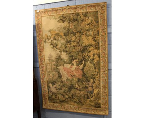 20th century Aubusson style tapestry picture depicting figures at play in a garden, 147 x 98cm