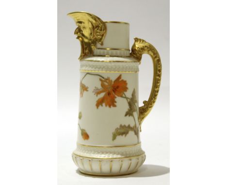 Royal Worcester cylindrical jug with mask type spout picked out in gilt and gilt handle, the body with a floral decoration on