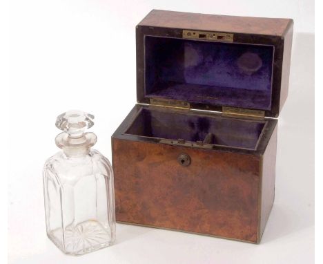 19th century burr walnut decanter box, brass bound throughout and the lifting lid with vacant brass and central nameplate enc