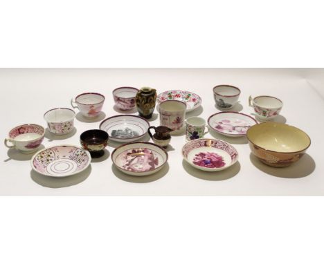 Group of early 19th century English and Continental porcelain including a number of lustre ware cups and saucers, with typica