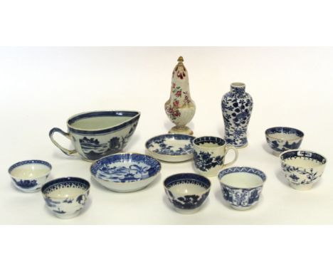 Group of 19th century Chinese porcelain comprising 6 tea bowls and 2 saucers with a blue and white design, further small blue