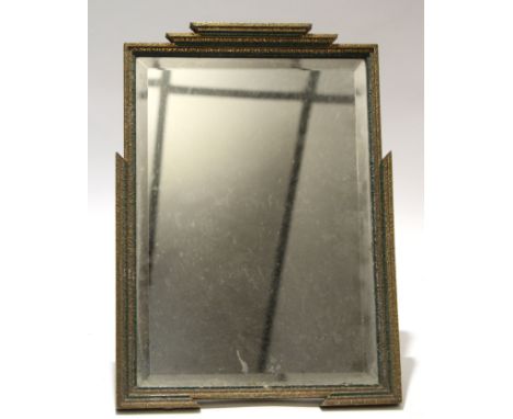 Art Deco style easel back table top mirror with green and gilded geometric frame with a central bevelled glass, 38 x 27cm