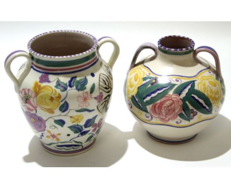 Two mid-20th century Poole Pottery vases, both with loop handles, one with a floral design, possibly by Truda Carter, with Ca