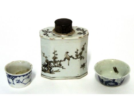 18th century Chinese porcelain tea caddy decorated en grisaille with a bird on a branch to the front and verso, together with