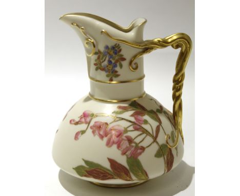 Royal Worcester blush ground jug with Art Nouveau style gilt handle, the body with floral sprays, Worcester puce mark to base