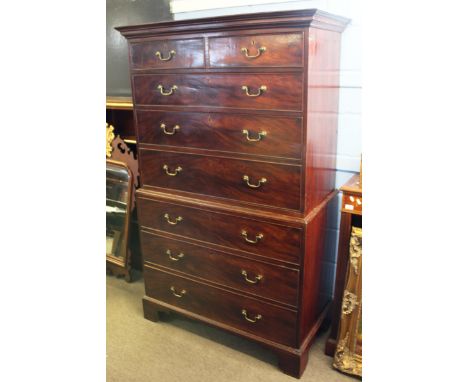 18th century mahogany chest on chest, the whole fitted with eight drawers on bracket feet, 113cm wide