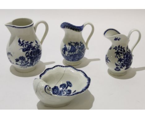 Group of 18th century Worcester wares, comprising a jug with the fence pattern, a jug with three flowers, one with the fisher