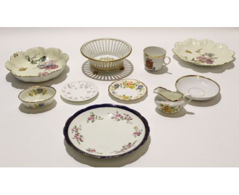 Group of porcelain wares including a Limoges dish and stand with a floral design, a further porcelain reticulated basket and 