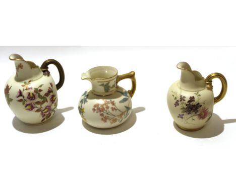 Royal Worcester jug with gilt handle, the blush ground with floral decoration, Worcester puce mark to base, shape 1094, toget