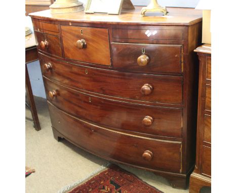 Victorian bow fronted mahogany chest of six drawers on shortened bracket feet, 49cm wide