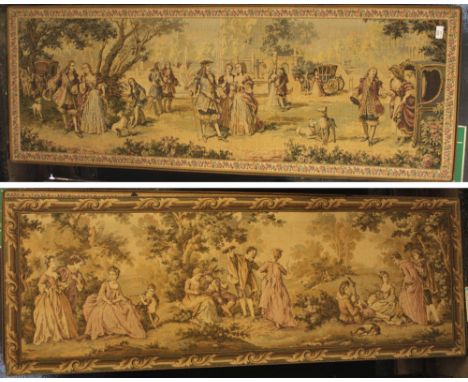 Two 20th century Aubusson style tapestry pictures, each depicting figures in a garden, 152 x 56cm (2) 
